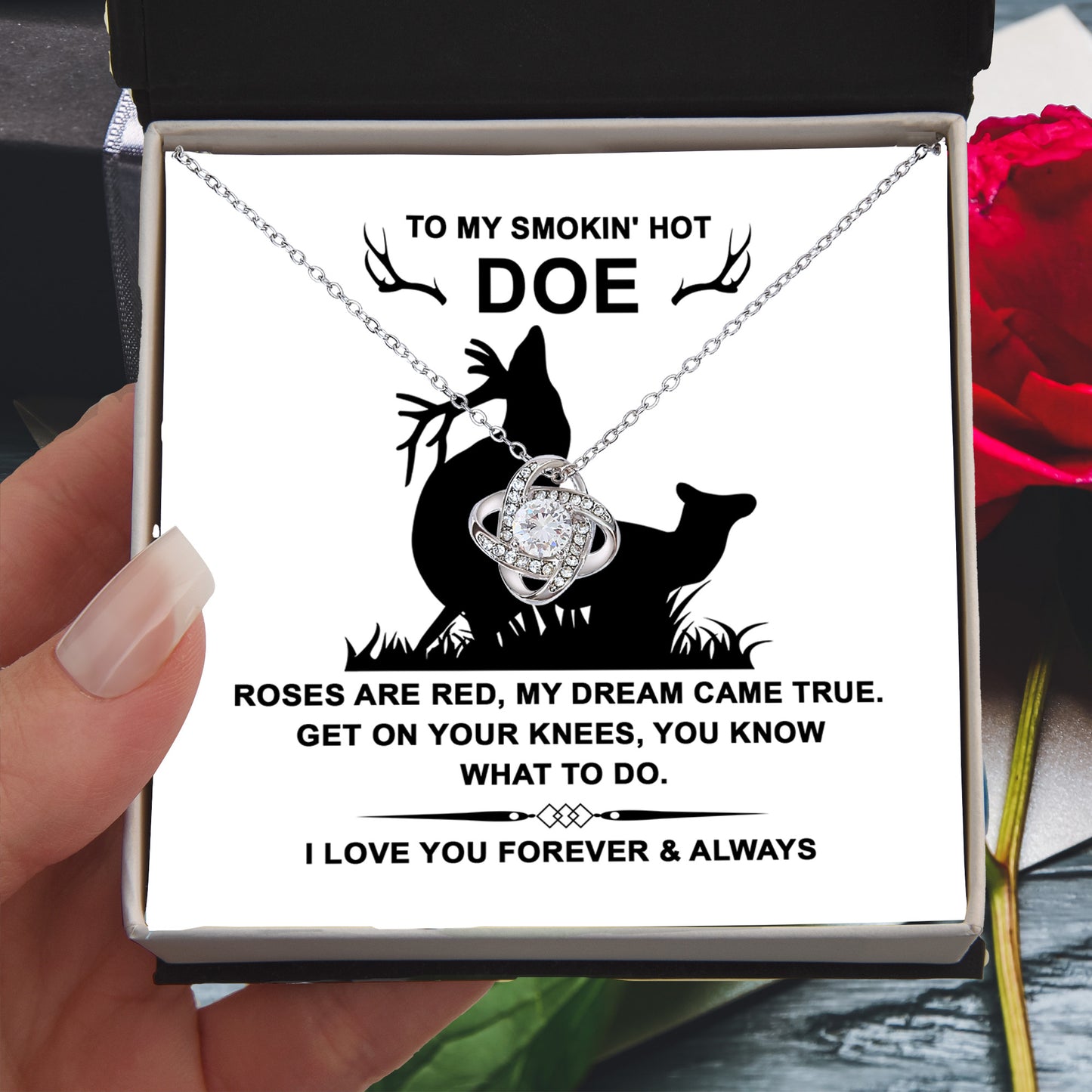 To My Smokin' Hot Doe” Message Card with Love Knot Necklace – Romantic and Playful Valentine's Day Gift - Mallard Moon Gift Shop