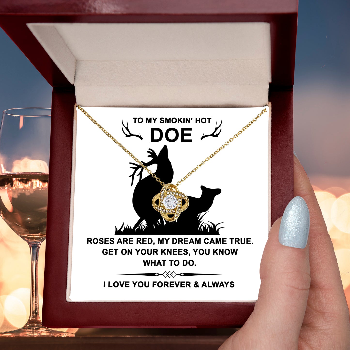To My Smokin' Hot Doe” Message Card with Love Knot Necklace – Romantic and Playful Valentine's Day Gift - Mallard Moon Gift Shop