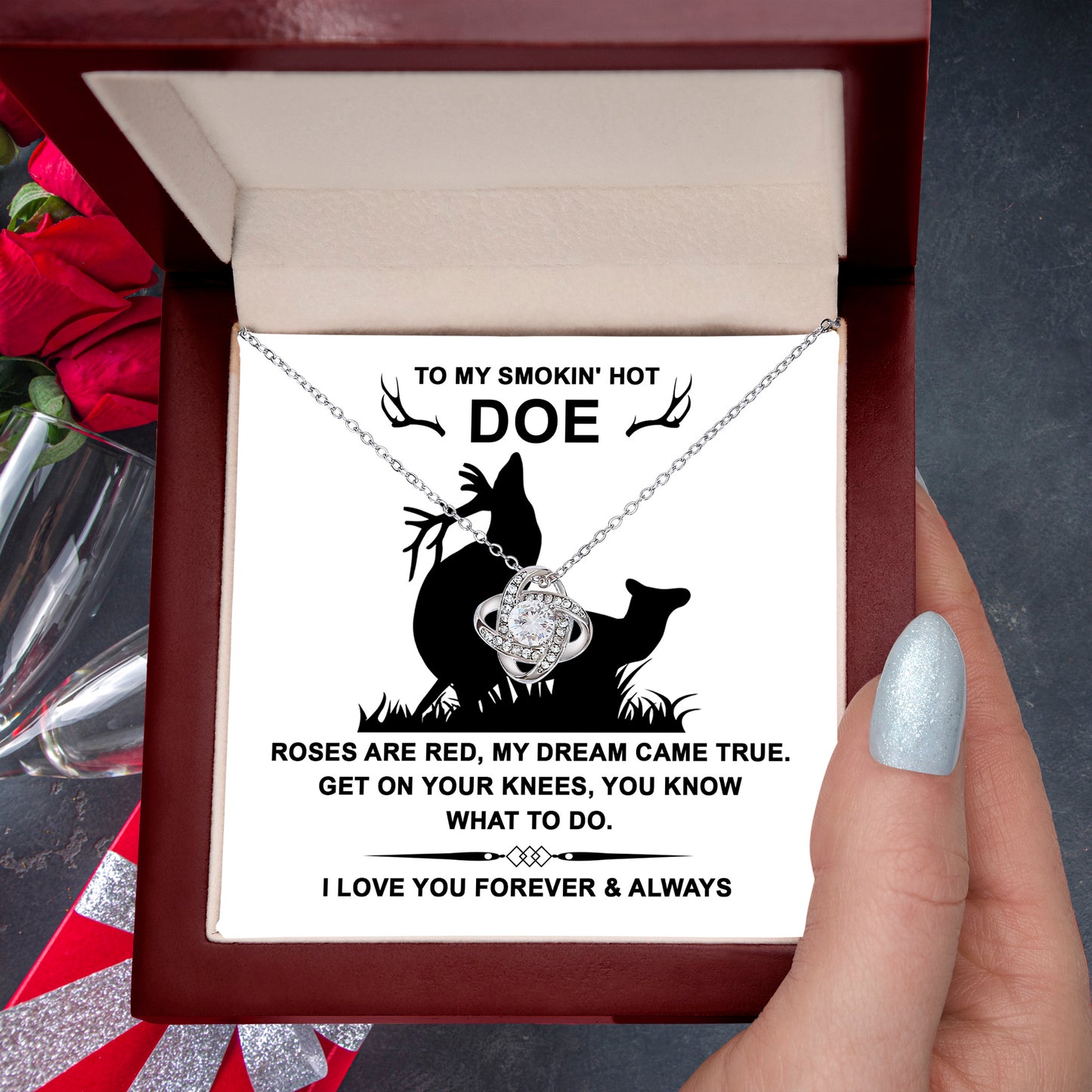 To My Smokin' Hot Doe” Message Card with Love Knot Necklace – Romantic and Playful Valentine's Day Gift - Mallard Moon Gift Shop