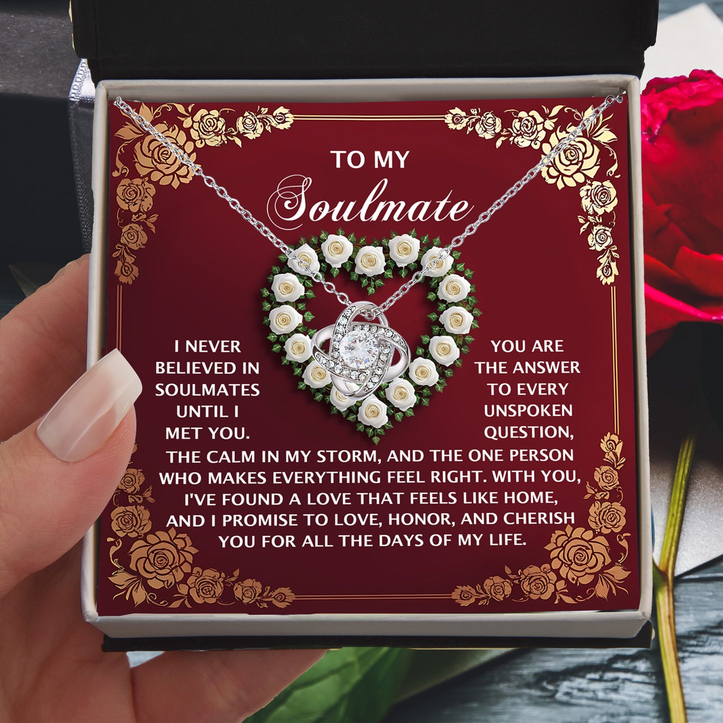 Romantic Gift for Her – Love Knot Necklace with Poetic Soulmate Card