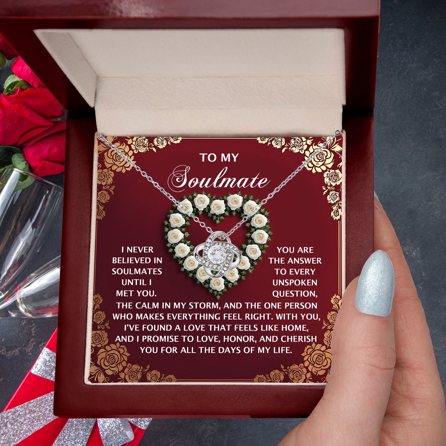 Romantic Gift for Her – Love Knot Necklace with Poetic Soulmate Card