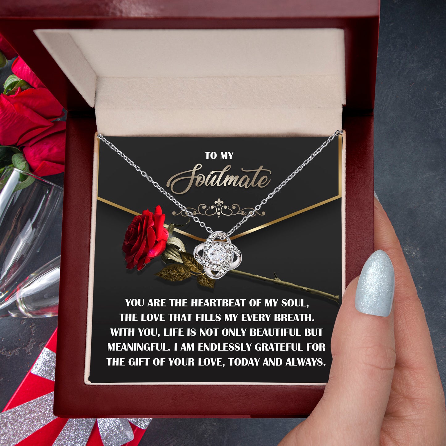 Soulmate Gift - Heartbeat of My Soul - Love Knot Necklace with Sentimental Message Card - Mallard Moon Gift Shop