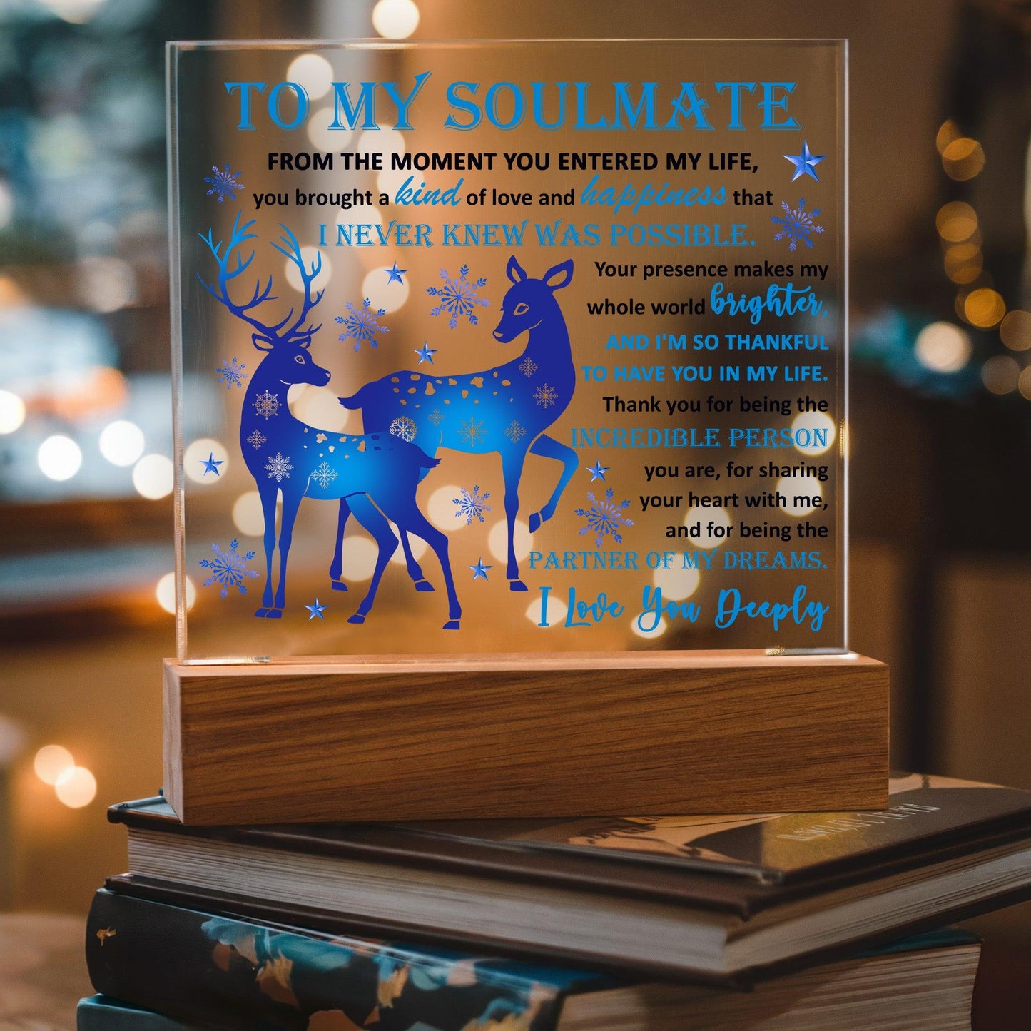 Soulmate - Partner Of Dreams Acrylic Plaque with LED Lighted Wooden Base - Mallard Moon Gift Shop