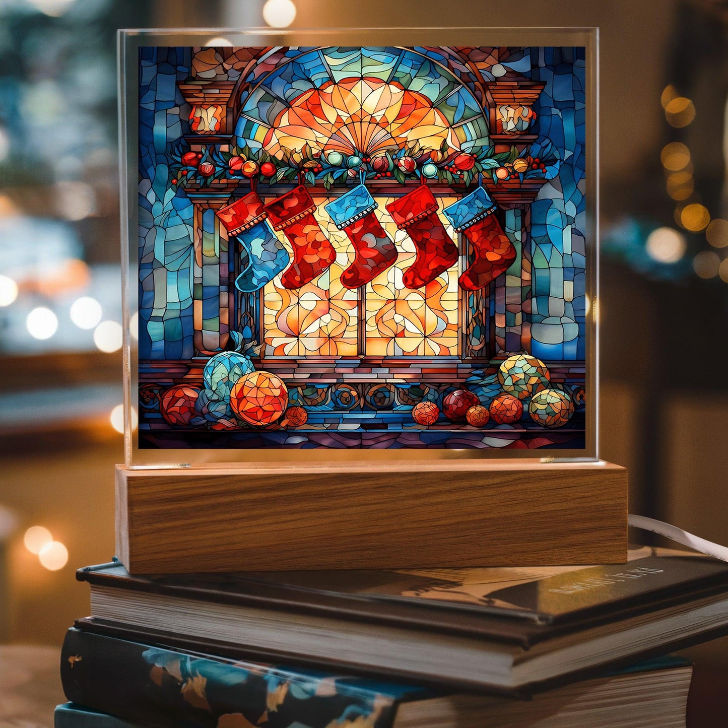 Stained Glass Christmas Stockings Acrylic Plaque with Lighted LED Wooden Base - Mallard Moon Gift Shop