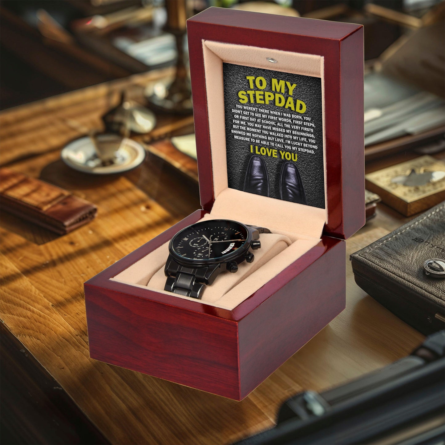 To My Stepdad Showed Me Nothing But Love Black Chronograph Watch - Mallard Moon Gift Shop