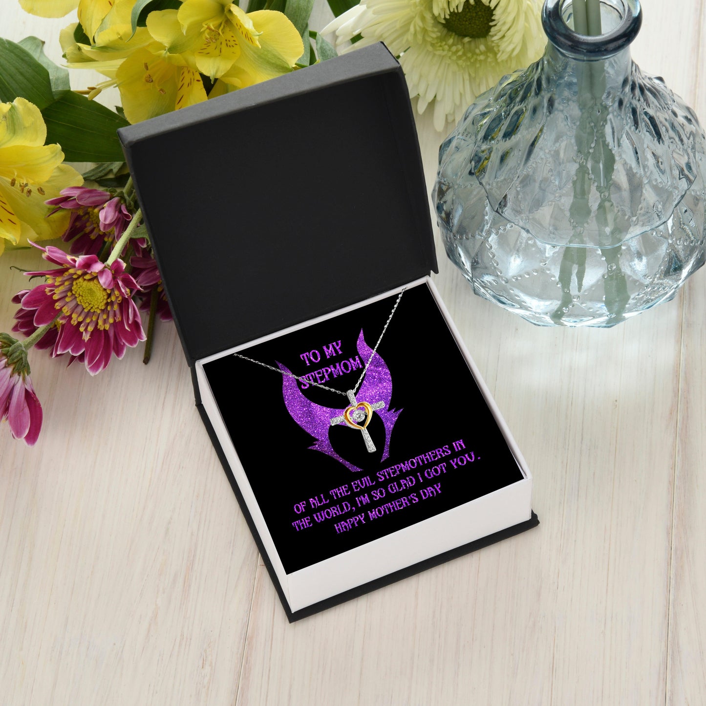 Stepmom Mother's Day Gift - To My Stepmom - Of All the Evil Stepmothers in the World, I'm Glad I Got You Cross Pendant Necklace - Mallard Moon Gift Shop