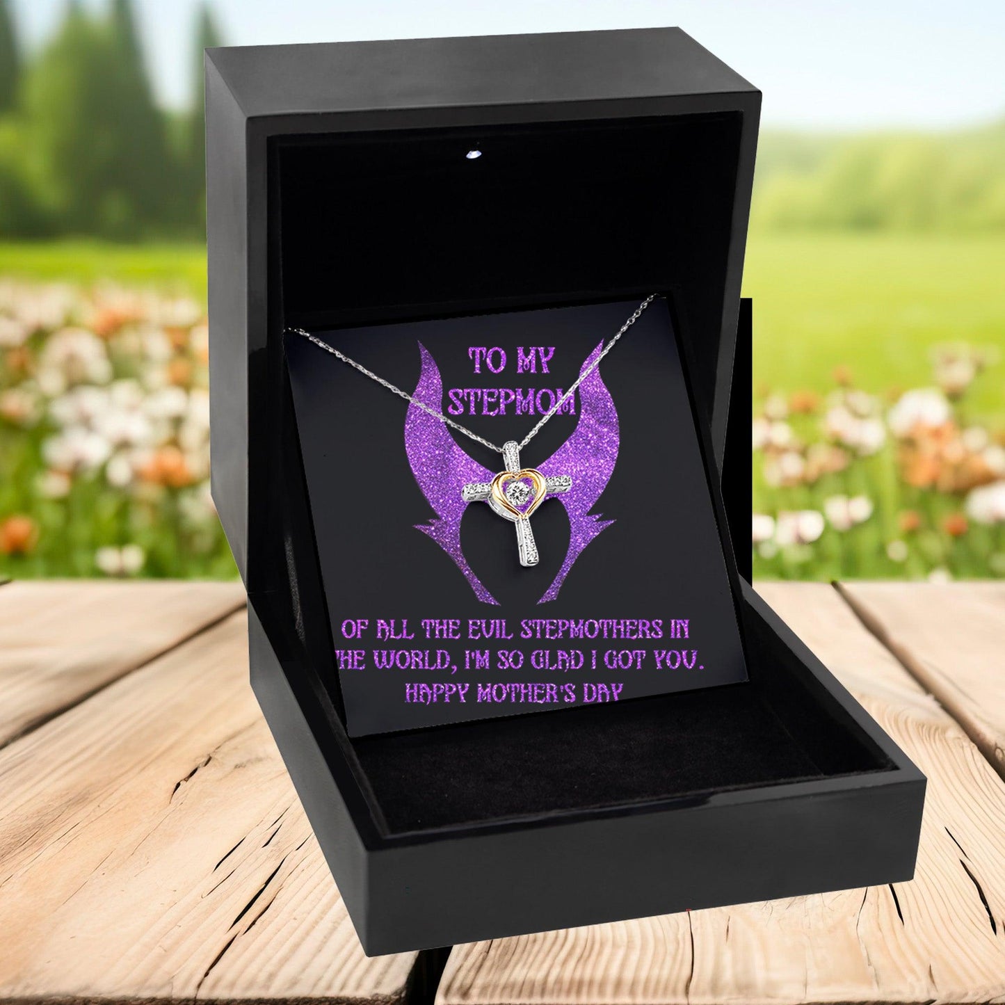 Stepmom Mother's Day Gift - To My Stepmom - Of All the Evil Stepmothers in the World, I'm Glad I Got You Cross Pendant Necklace - Mallard Moon Gift Shop