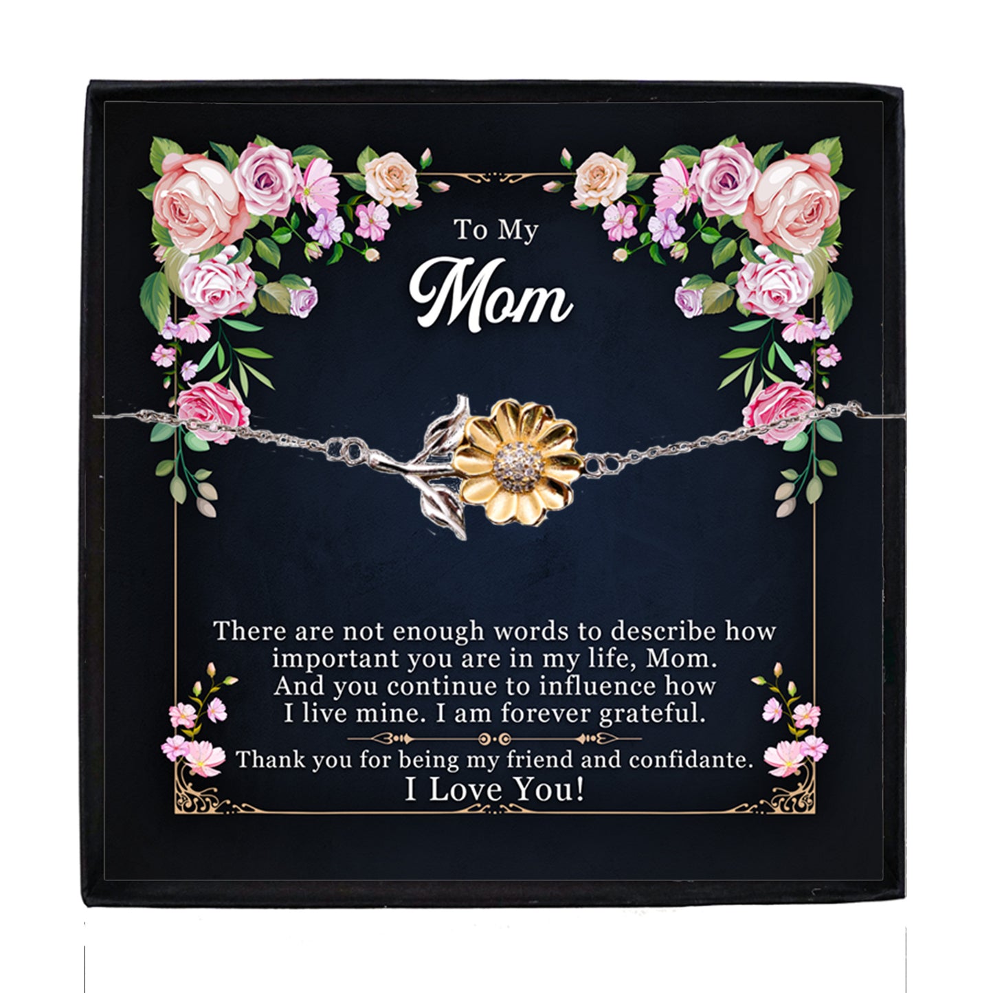 Mom Sunflower Bracelet – Sterling Silver with 18K Gold-Plated Petals – Sentimental Mother’s Day, Birthday, or Christmas Gift with Heartfelt Message Card - My Friend and Confidante - Mallard Moon Gift Shop