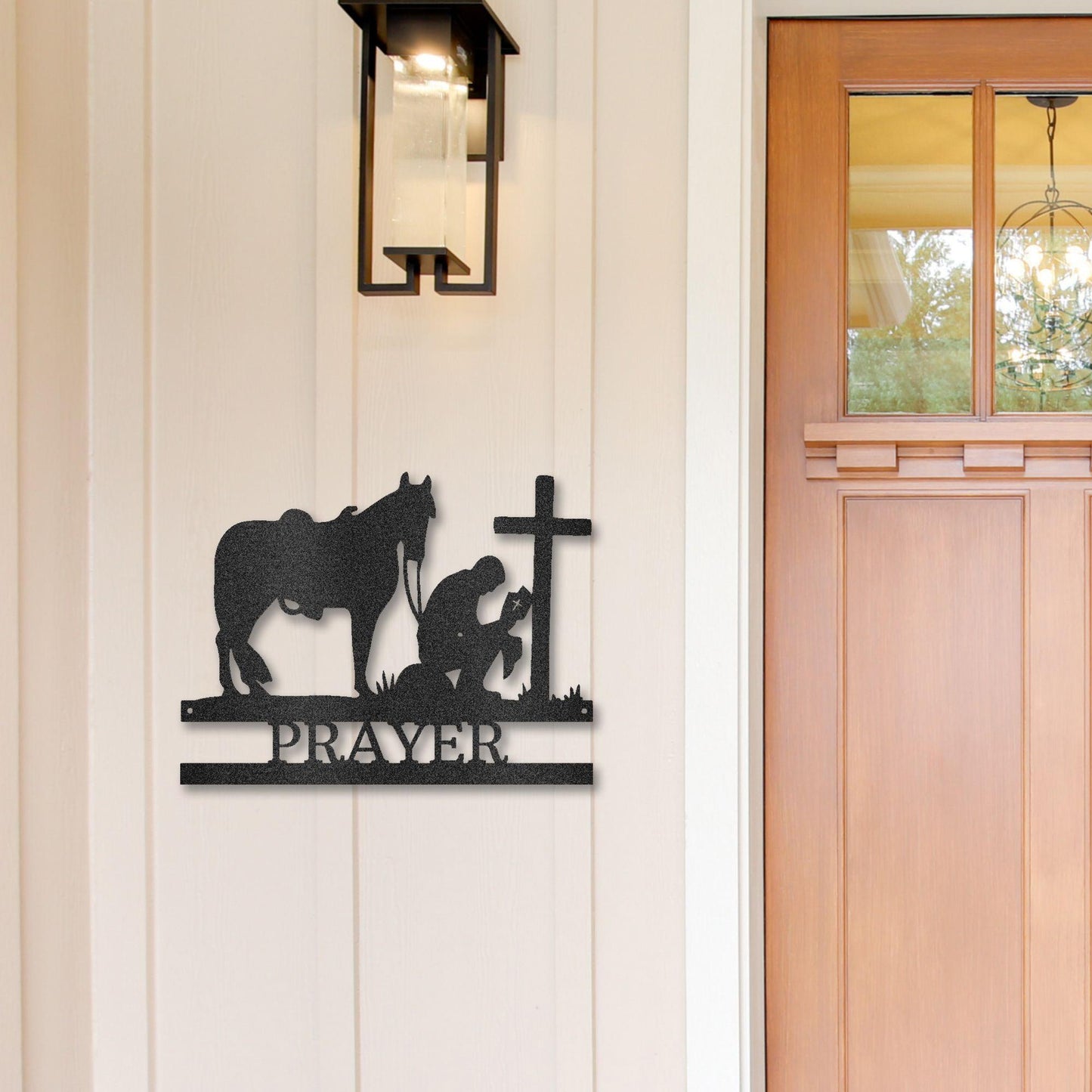 Praying Cowboy with Horse Kneeling at Cross Custom Name Metal Wall Art - Mallard Moon Gift Shop