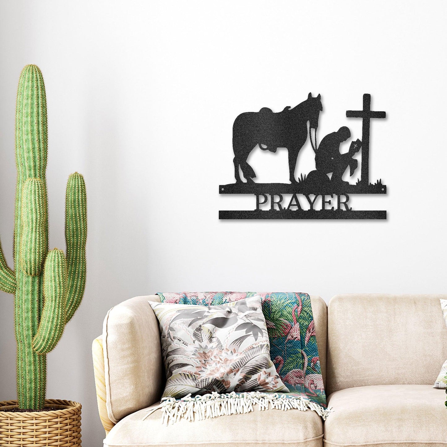 Praying Cowboy with Horse Kneeling at Cross Custom Name Metal Wall Art - Mallard Moon Gift Shop