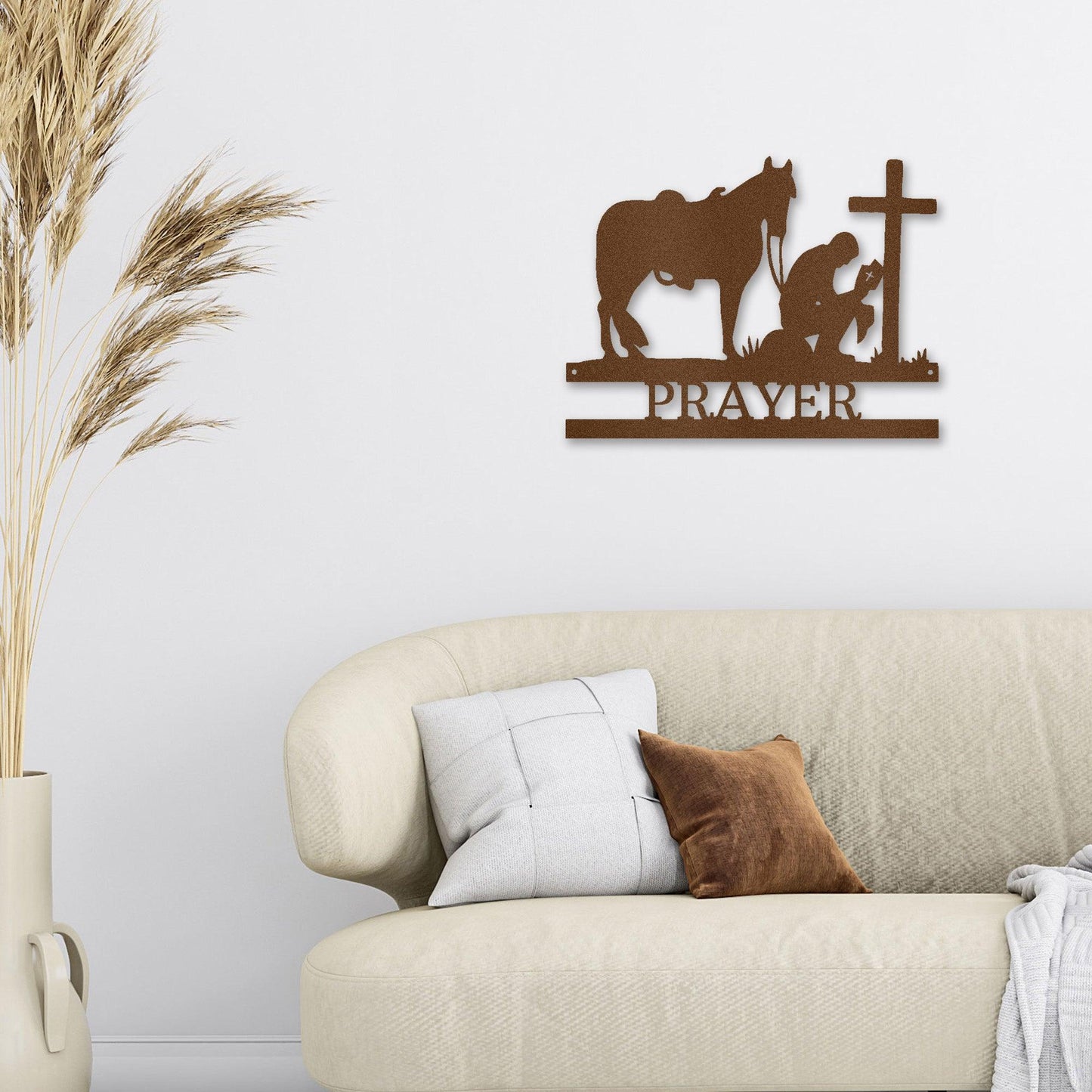 Praying Cowboy with Horse Kneeling at Cross Custom Name Metal Wall Art - Mallard Moon Gift Shop