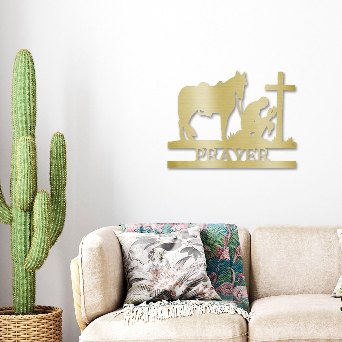 Praying Cowboy with Horse Kneeling at Cross Custom Name Metal Wall Art - Mallard Moon Gift Shop