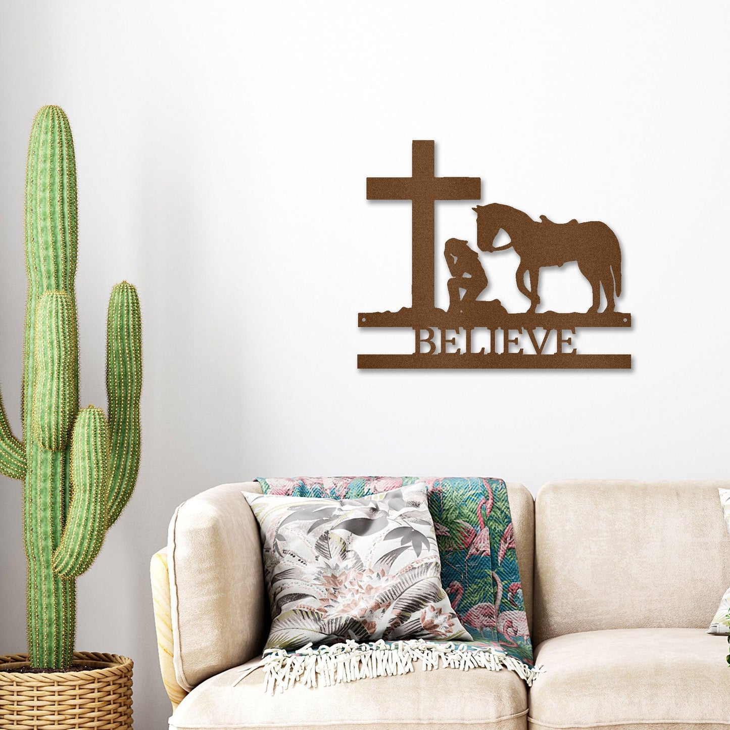 Praying Cowgirl with Horse Kneeling at Cross Custom Name Metal Wall Art - Mallard Moon Gift Shop