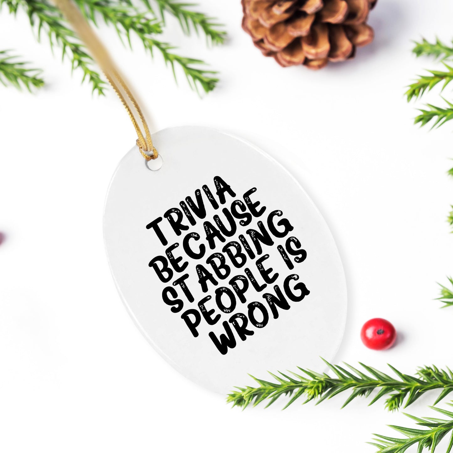 Trivia Gifts for Friends, Fun Oval Ornament with Humorous Quote, Christmas Unique Gifts - Mallard Moon Gift Shop