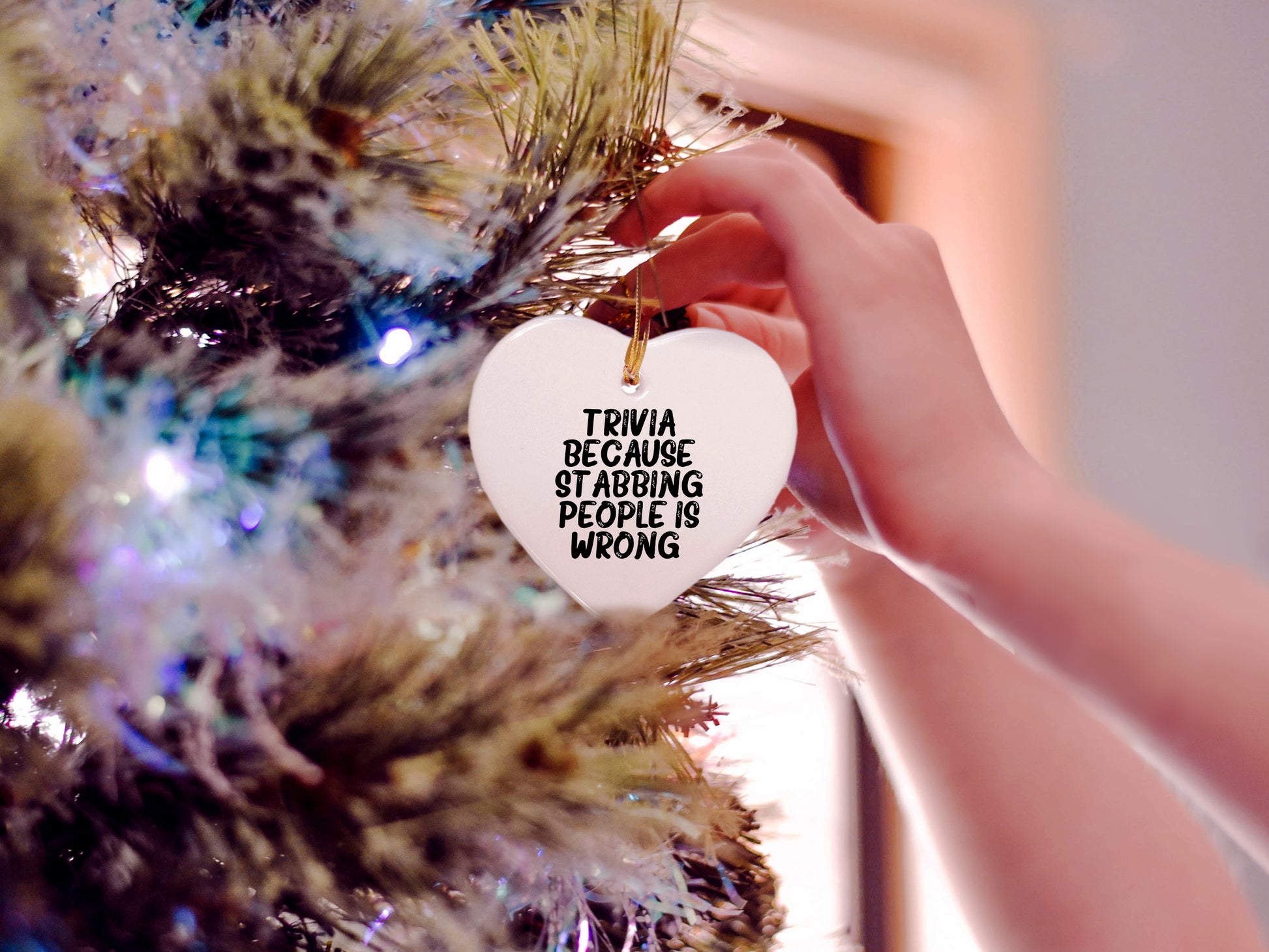 Trivia Gifts from Friends, Funny Heart Ornament for Trivia Lovers, Stabbing People Wrong, Christmas Unique Trivia Gifts for Women