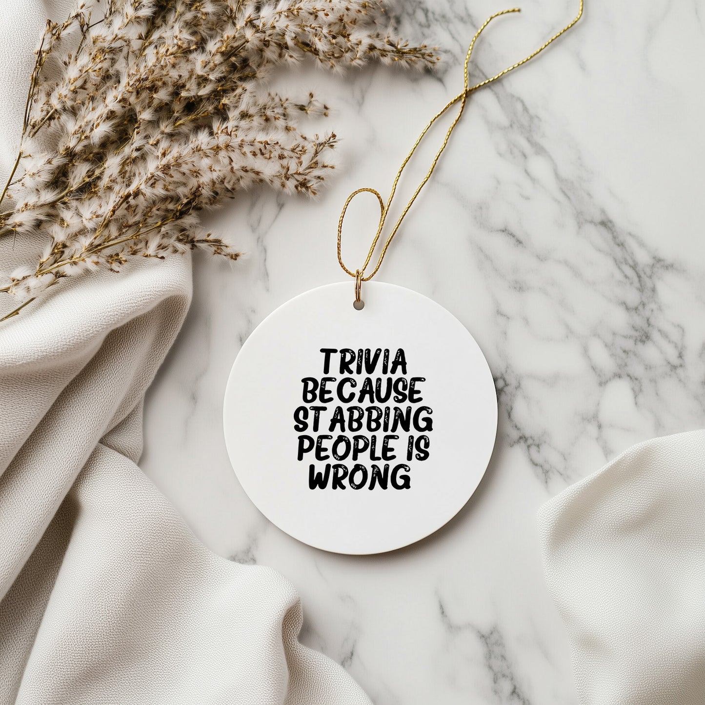 Trivia Gifts from Friends to Family, Funny Circle Ornament, Quotes for Christmas, Trivia Because Stabbing People Is Wrong, Circle Ornament Gifts for Men, Women, Family - Mallard Moon Gift Shop