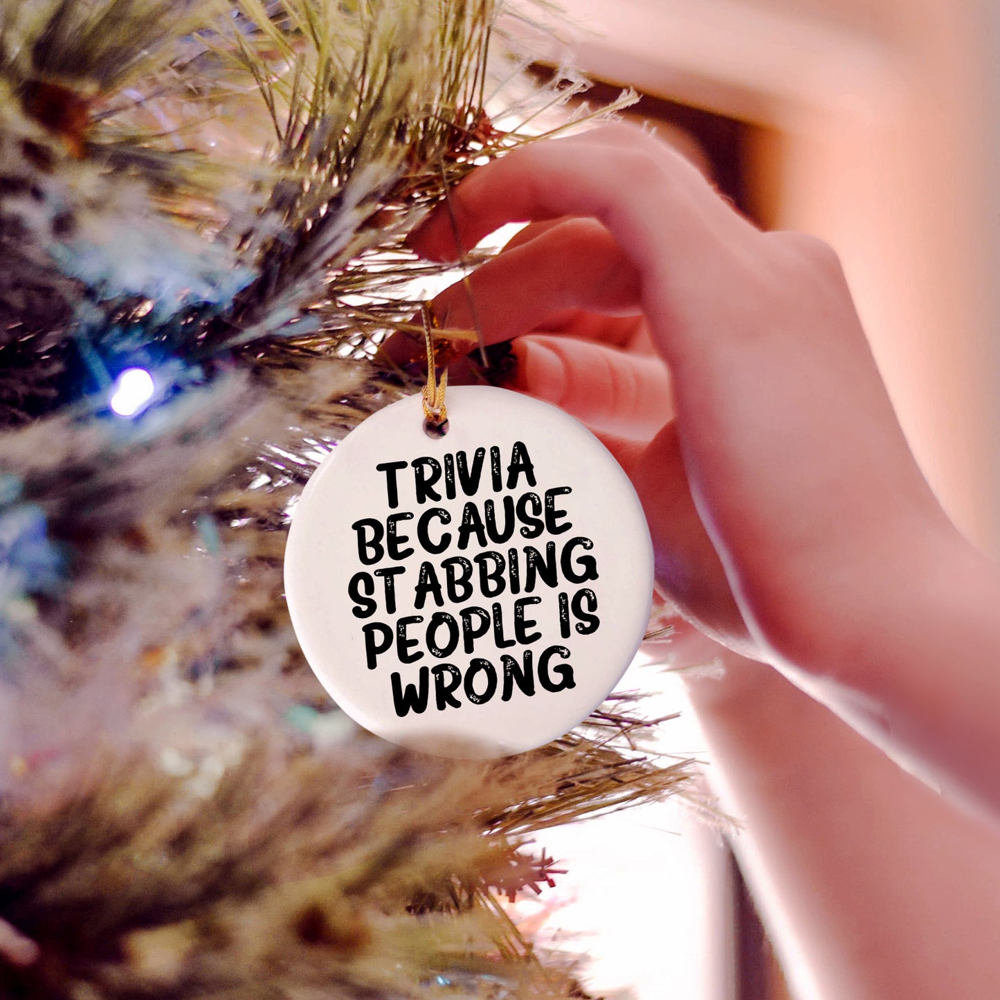 Trivia Gifts from Friends to Family, Funny Circle Ornament, Quotes for Christmas, Trivia Because Stabbing People Is Wrong, Circle Ornament Gifts for Men, Women, Family - Mallard Moon Gift Shop