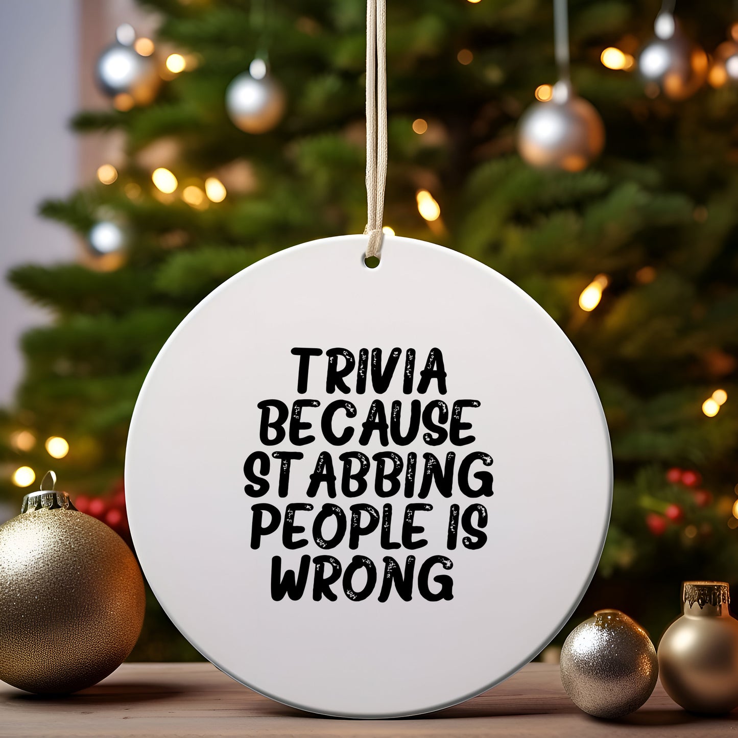 Trivia Gifts from Friends to Family, Funny Circle Ornament, Quotes for Christmas, Trivia Because Stabbing People Is Wrong, Circle Ornament Gifts for Men, Women, Family - Mallard Moon Gift Shop