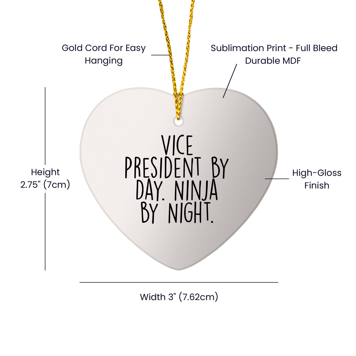 Vice President Gifts from Friends, Heart Ornament, Funny Quote 'Vice President By Day. Ninja By Night.' for Christmas