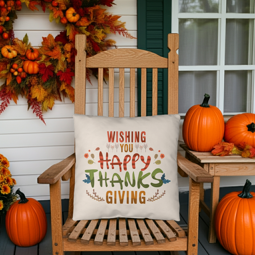 Wishing You a Happy Thanksgiving Throw Pillow – Indoor/Outdoor Fall Accent Cushion – Available in 3 Sizes - Mallard Moon