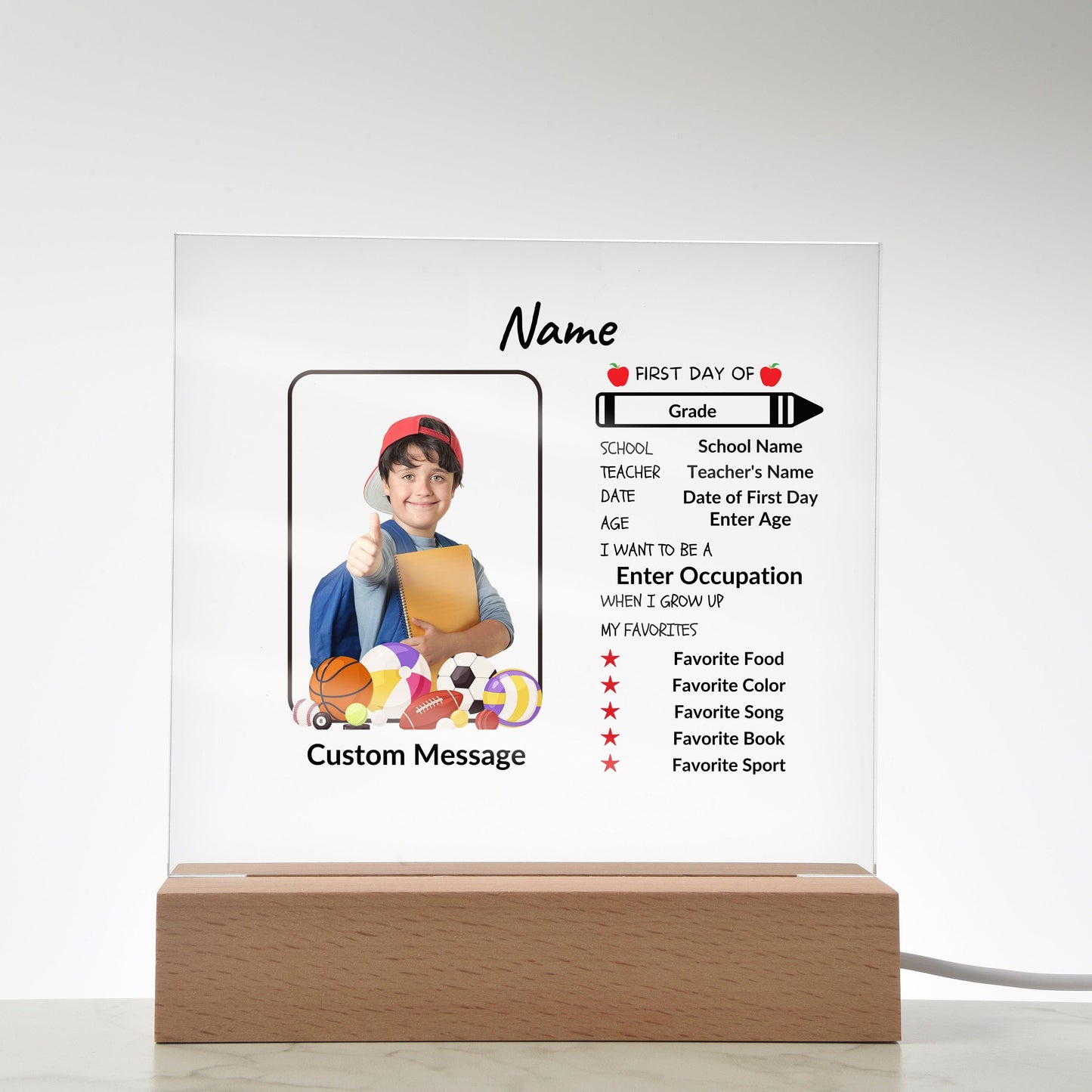 First Day of School Stats and Photo Upload Personalized Keepsake Acrylic Plaque - Mallard Moon Gift Shop