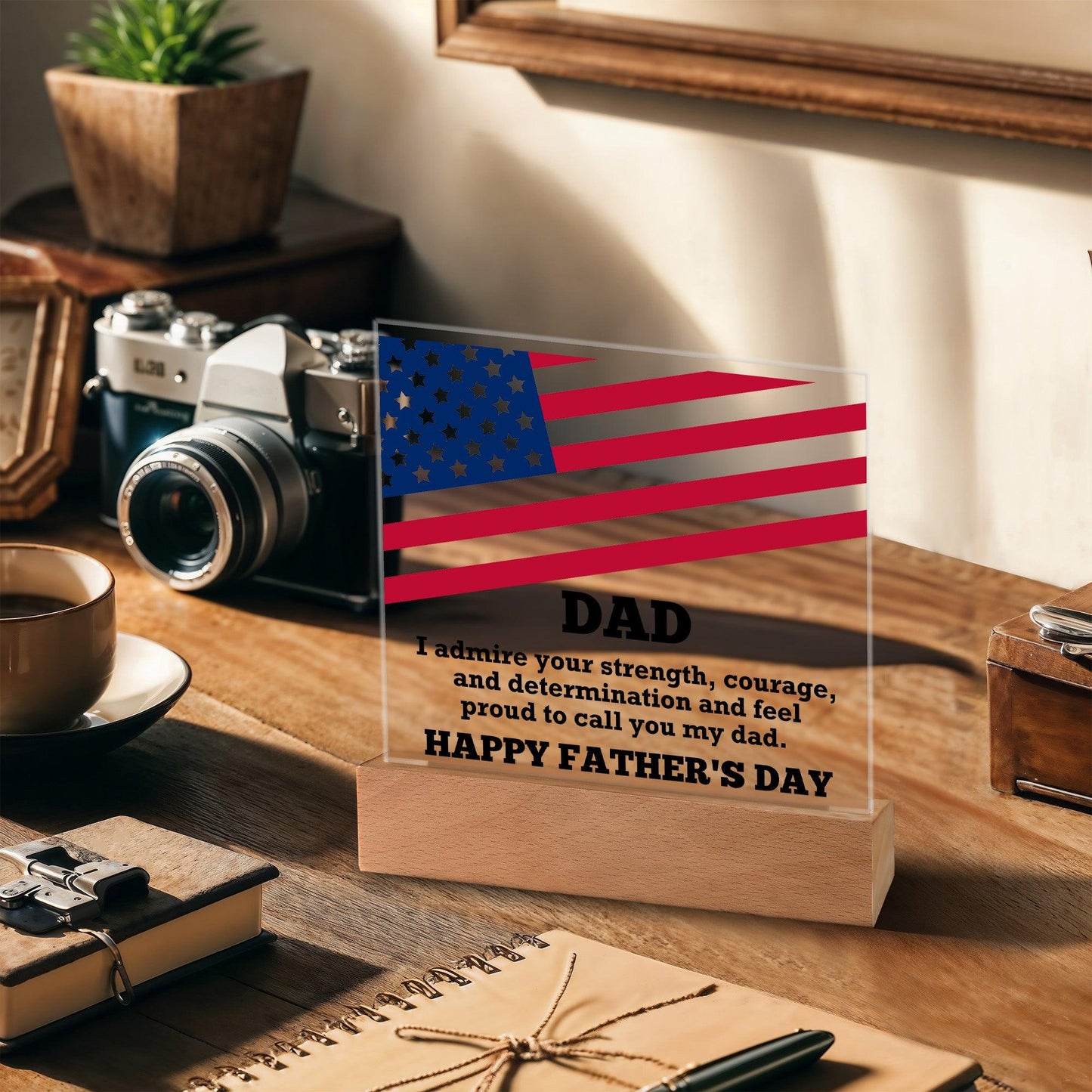 Dad, I Admire Your Strength Patriotic Personalized Acrylic Plaque with LED Wooden Base - Mallard Moon Gift Shop