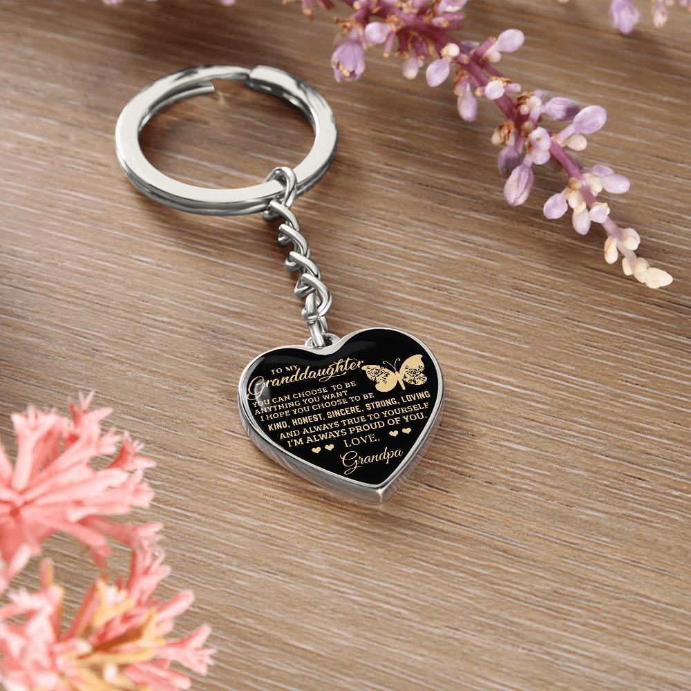 To My Granddaughter – Graphic Heart Keychain from Grandpa | Inspirational Personalized Gift with Butterfly Design - Mallard Moon Gift Shop