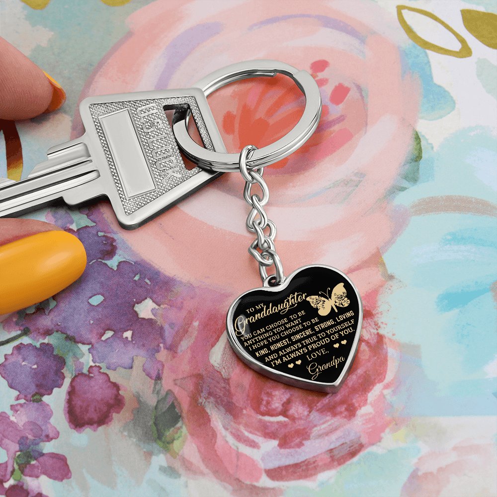 To My Granddaughter – Graphic Heart Keychain from Grandpa | Inspirational Personalized Gift with Butterfly Design - Mallard Moon Gift Shop