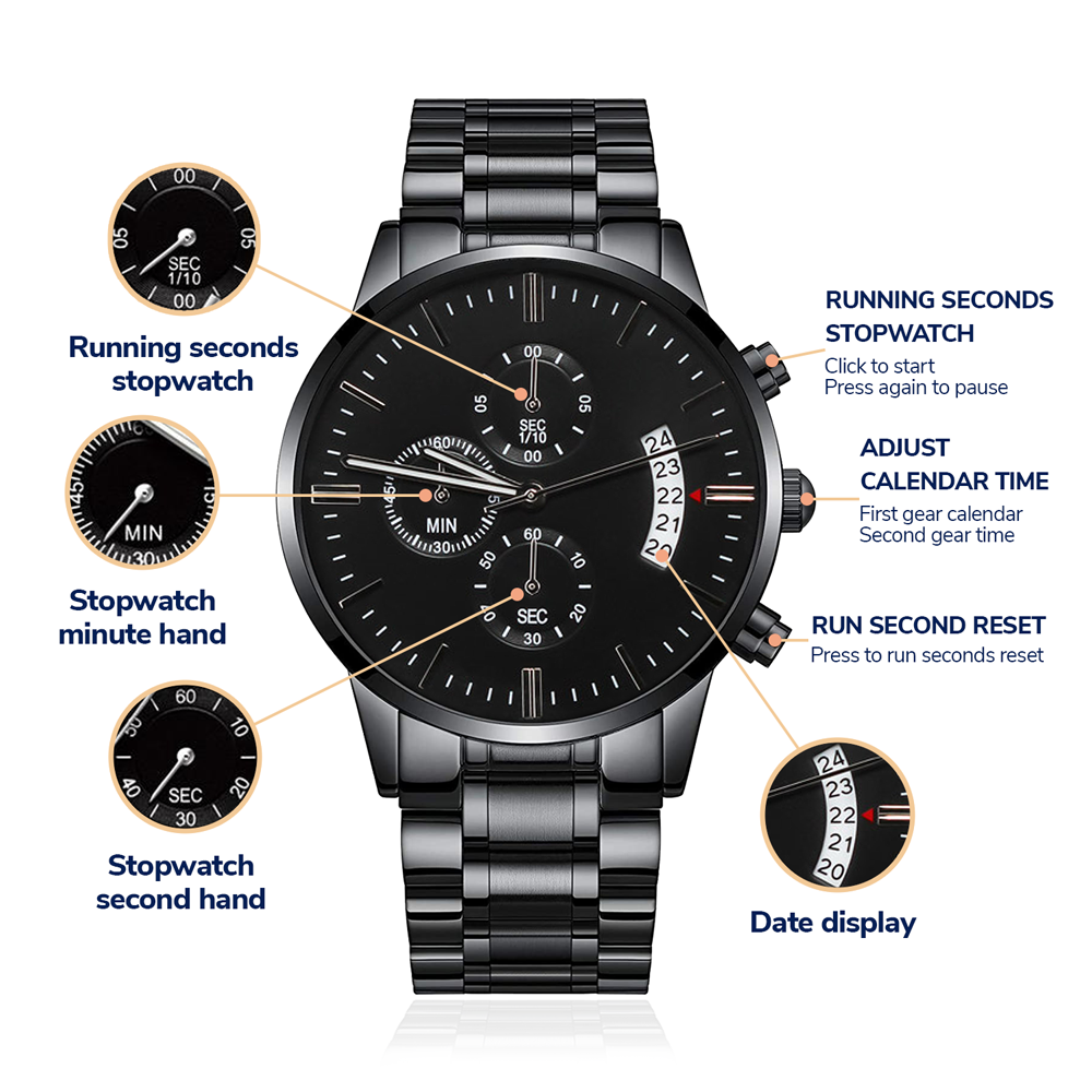 To My Son Engraved Chronograph Watch – Black Stainless-Steel Timepiece from Mom | Sentimental Gift for Birthday, Graduation, Christmas, or Deployment - Mallard Moon Gift Shop