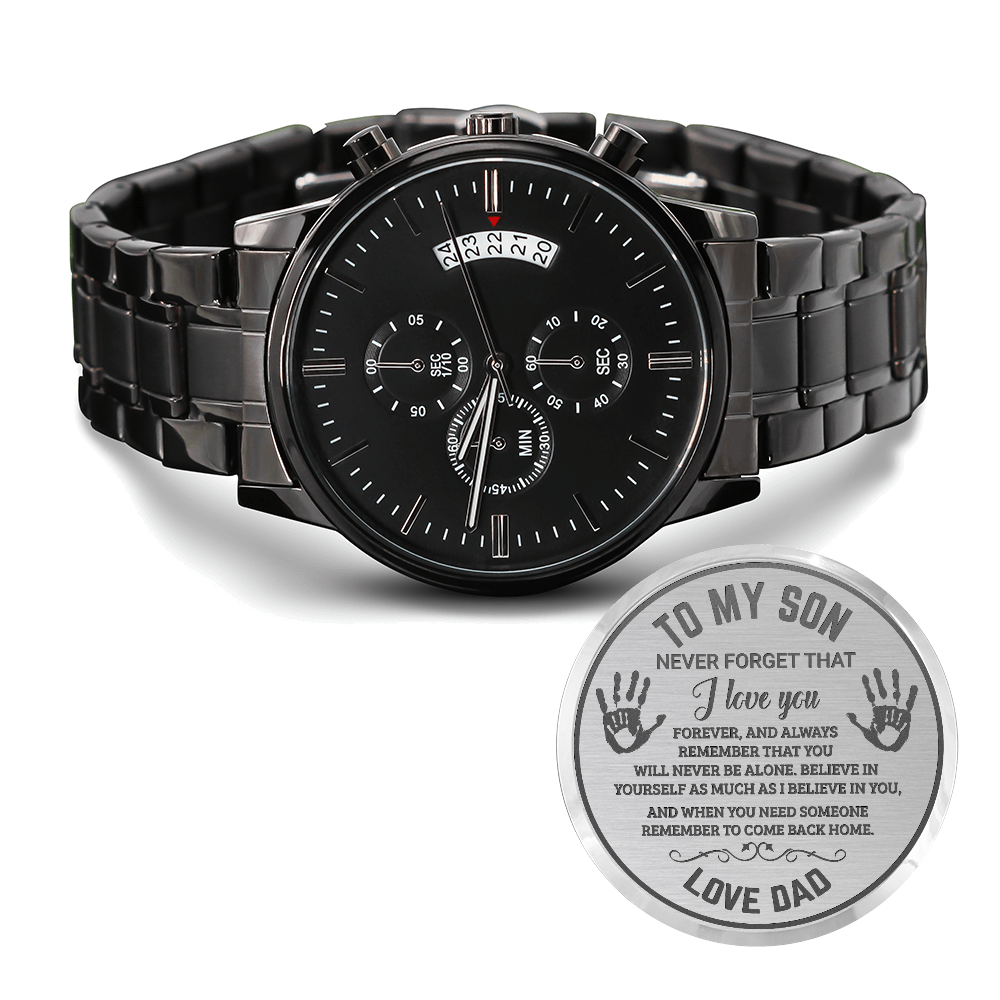 To My Son Engraved Chronograph Watch – Black Stainless-Steel Timepiece from Mom | Sentimental Gift for Birthday, Graduation, Christmas, or Deployment - Mallard Moon Gift Shop