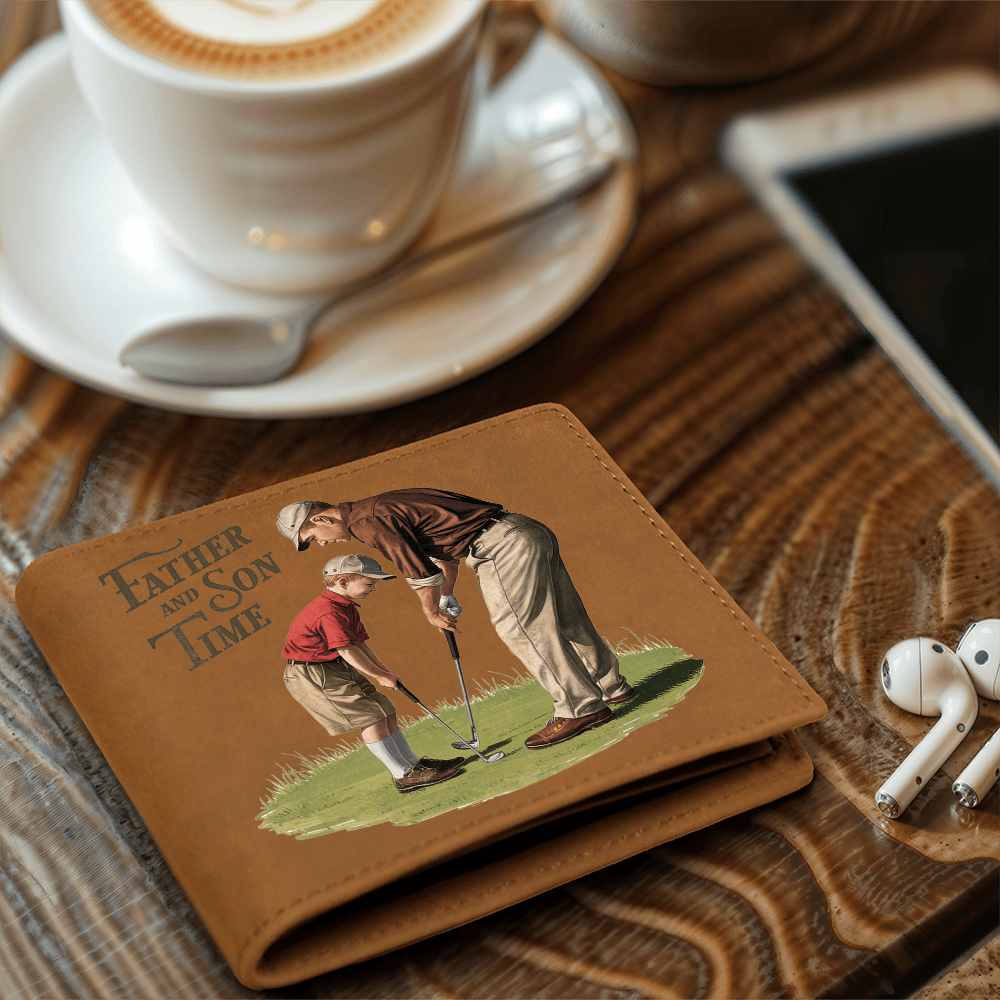 Father and Son Time Leather Wallet – Vintage Golf-Inspired Cowhide Bifold Wallet – Sentimental Gift for Dad with Gift Box - Mallard Moon Gift Shop