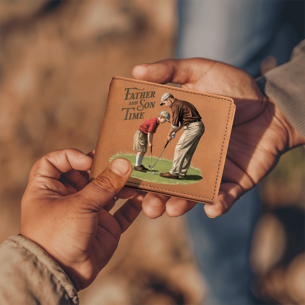 Father and Son Time Leather Wallet – Vintage Golf-Inspired Cowhide Bifold Wallet – Sentimental Gift for Dad with Gift Box - Mallard Moon Gift Shop