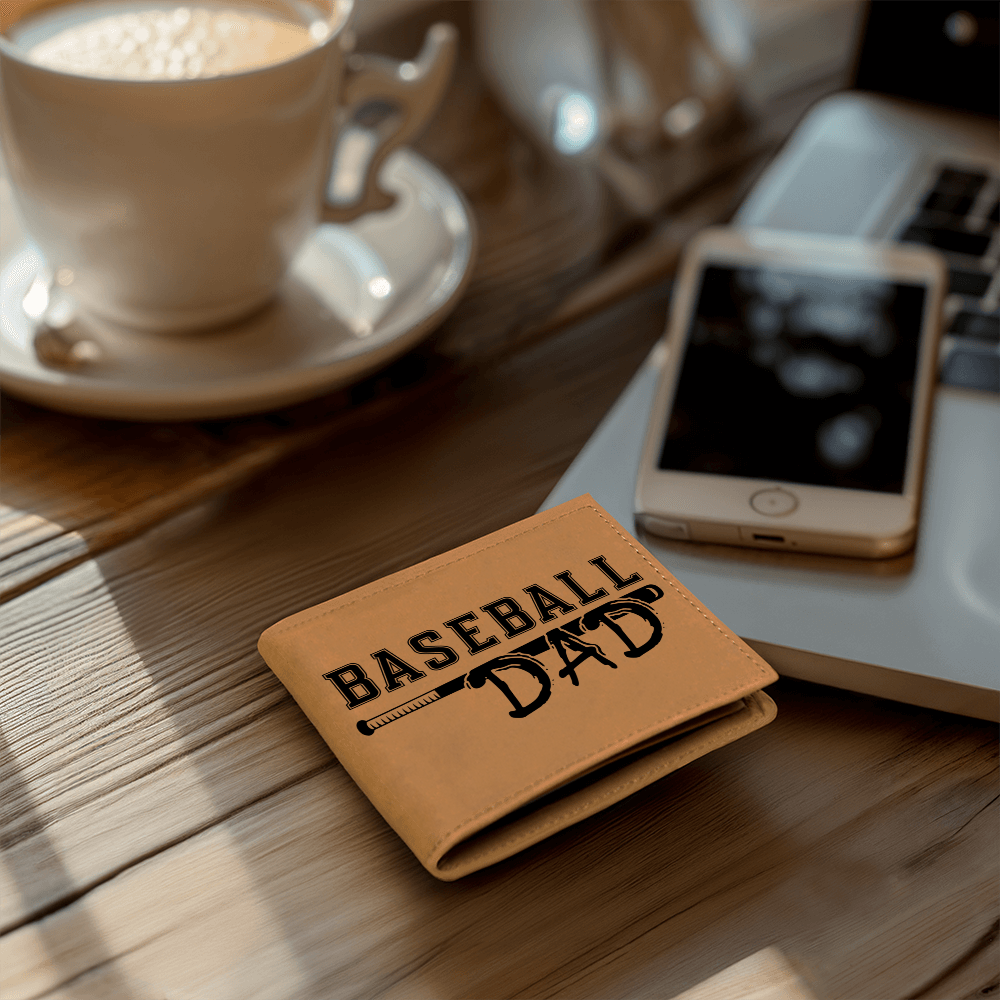 Baseball Dad Leather Wallet – Full Grain Cowhide Bifold – Gift for Sports-Loving Father, Coach, or Grandpa