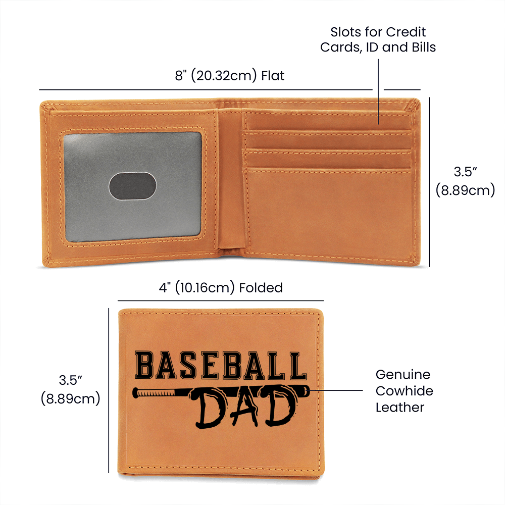 Baseball Dad Leather Wallet – Full Grain Cowhide Bifold – Gift for Sports-Loving Father, Coach, or Grandpa