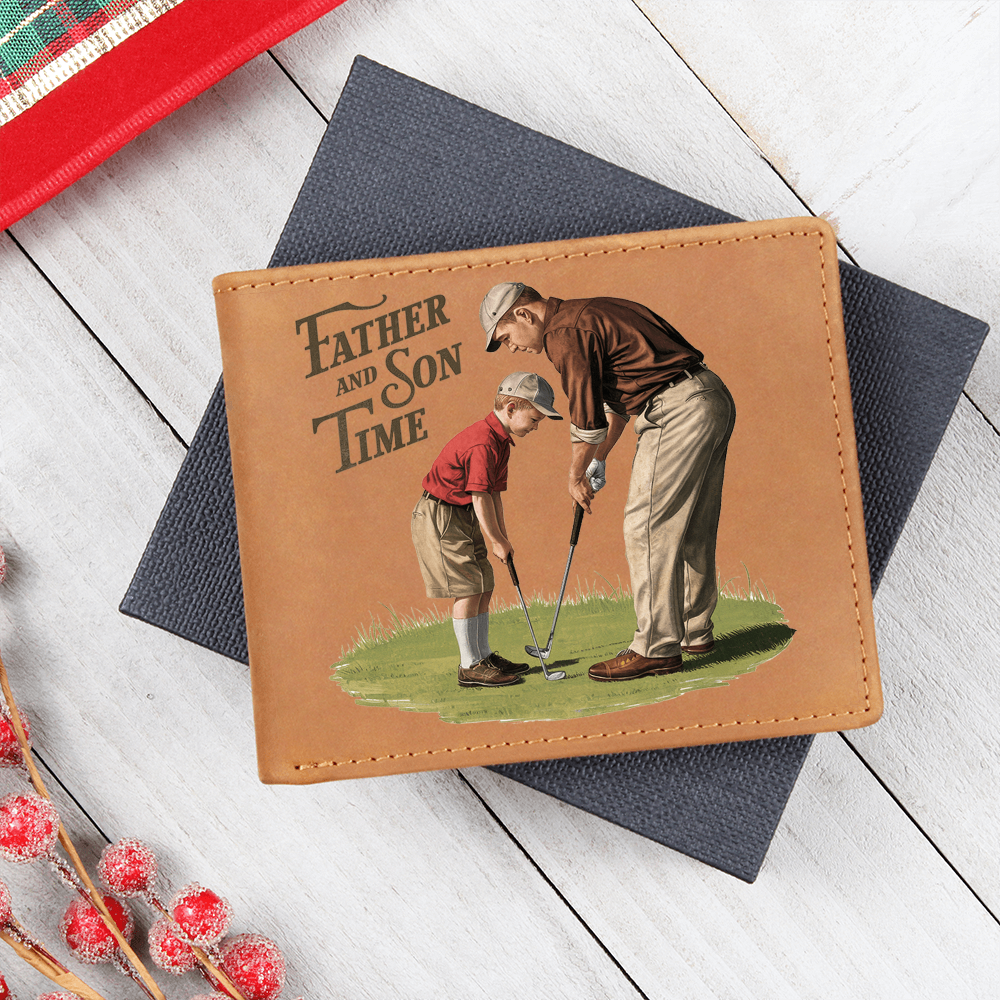 Father and Son Time Leather Wallet – Vintage Golf-Inspired Cowhide Bifold Wallet – Sentimental Gift for Dad with Gift Box - Mallard Moon Gift Shop