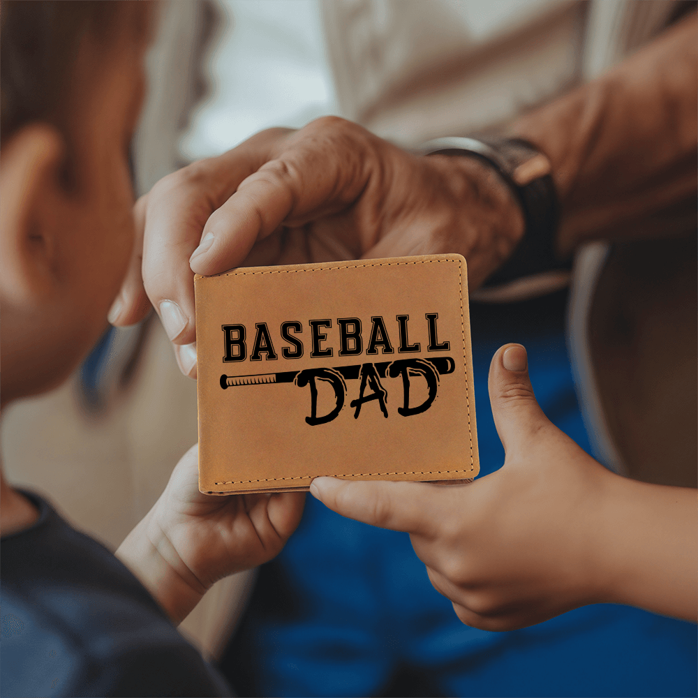 Baseball Dad Leather Wallet – Full Grain Cowhide Bifold – Gift for Sports-Loving Father, Coach, or Grandpa