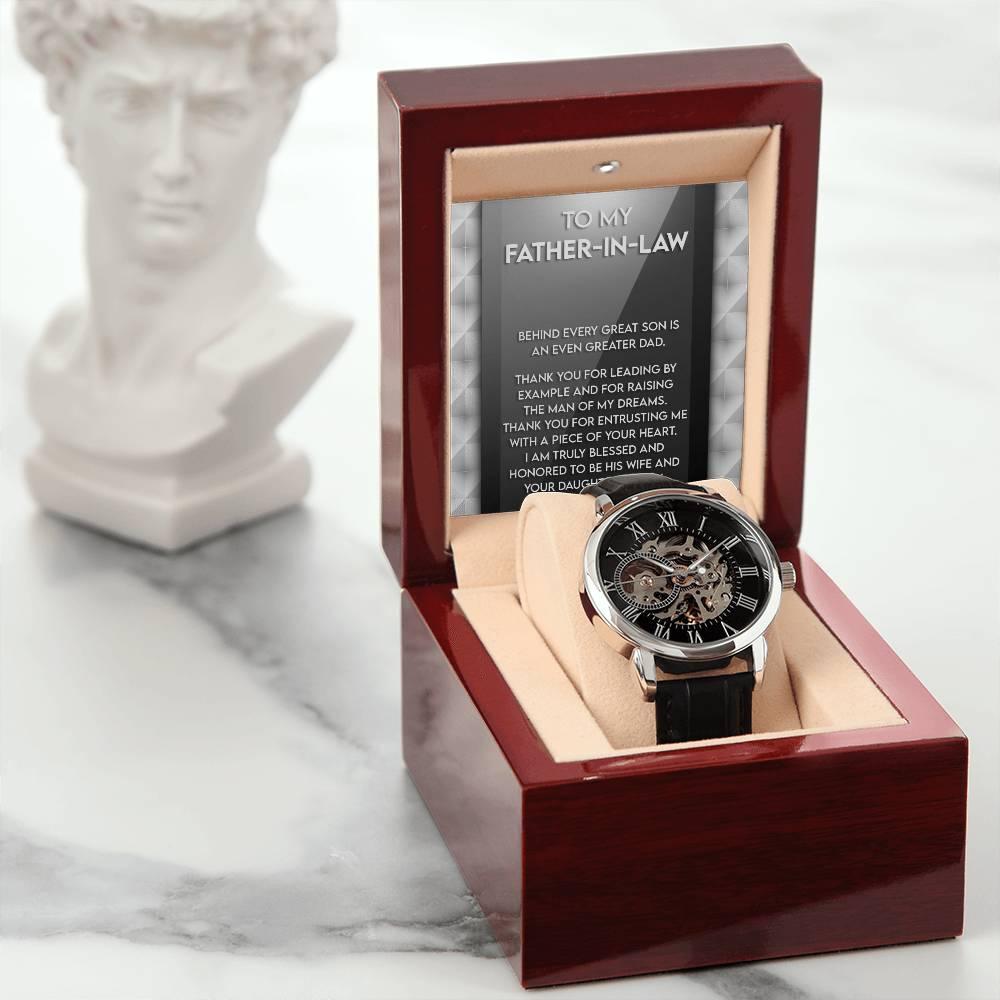 To My Father-in-Law Behind every Great Son is an Even Greater Dad Men's Openwork Watch with Gift Box - Mallard Moon Gift Shop