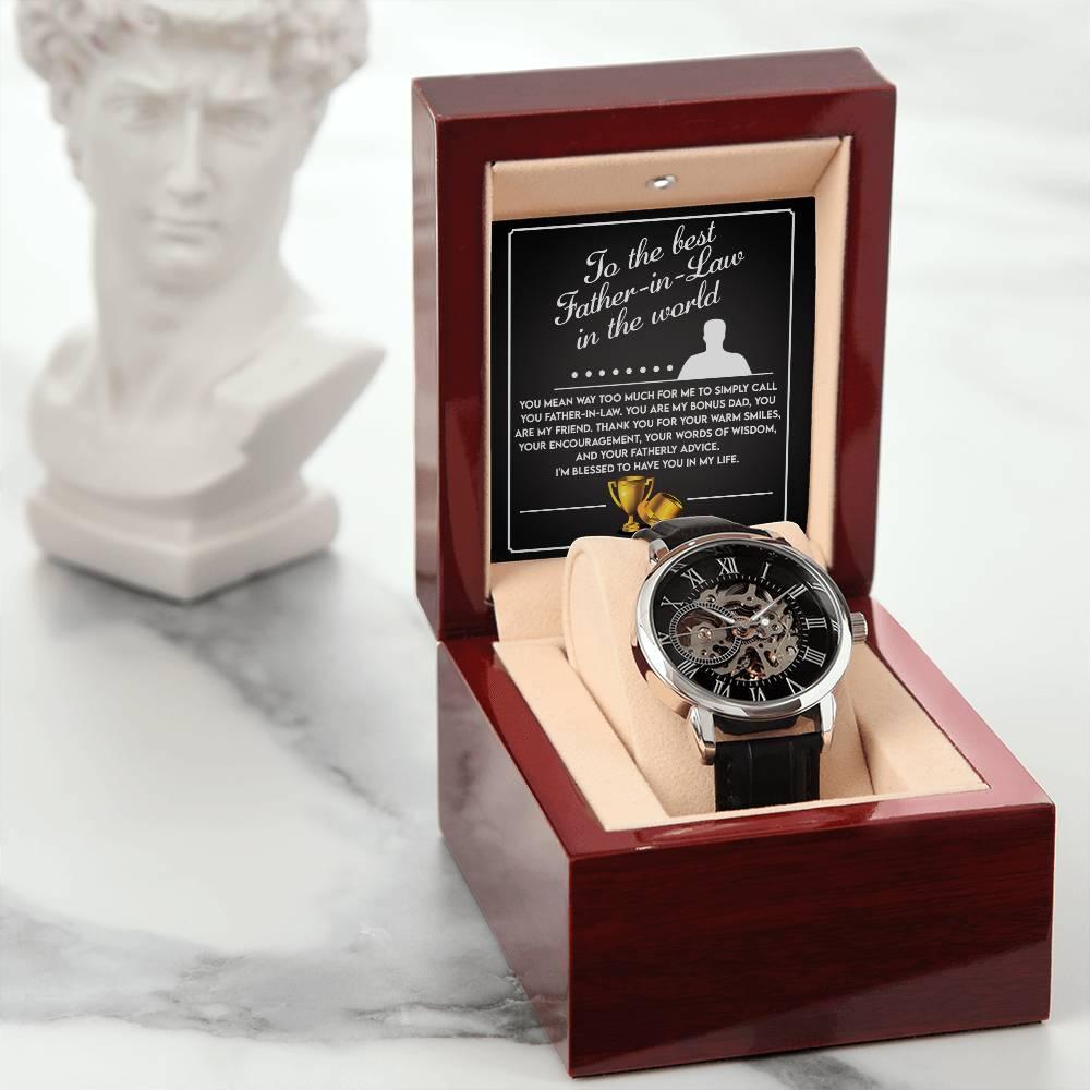 To the Best Father-In-Law My Bonus Dad, My Best Friend Men's Openwork Watch with Gift Box - Mallard Moon Gift Shop