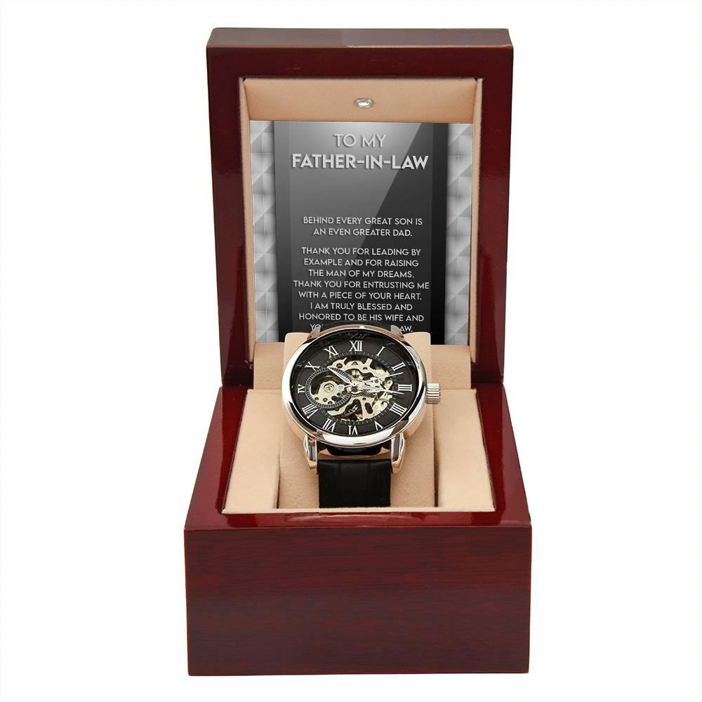 To My Father-in-Law Behind every Great Son is an Even Greater Dad Men's Openwork Watch with Gift Box - Mallard Moon Gift Shop