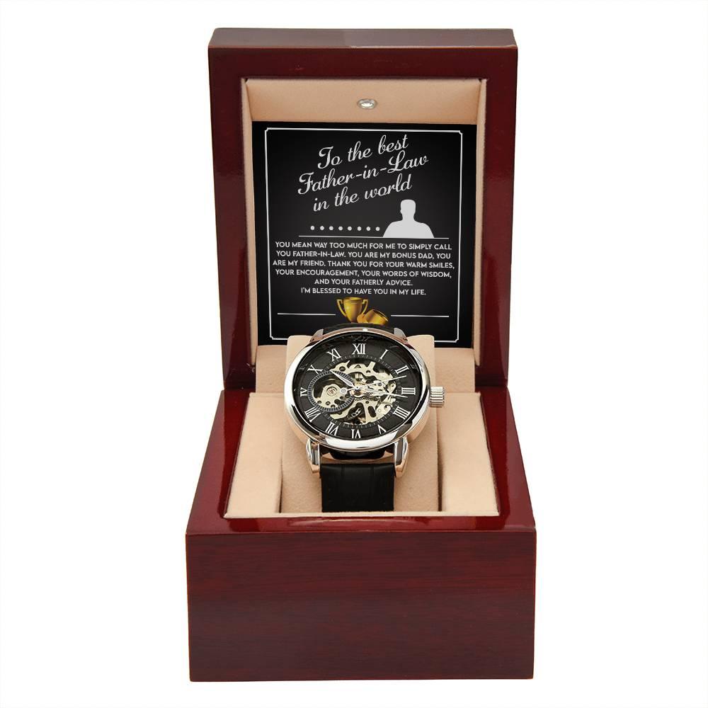 To the Best Father-In-Law My Bonus Dad, My Best Friend Men's Openwork Watch with Gift Box - Mallard Moon Gift Shop