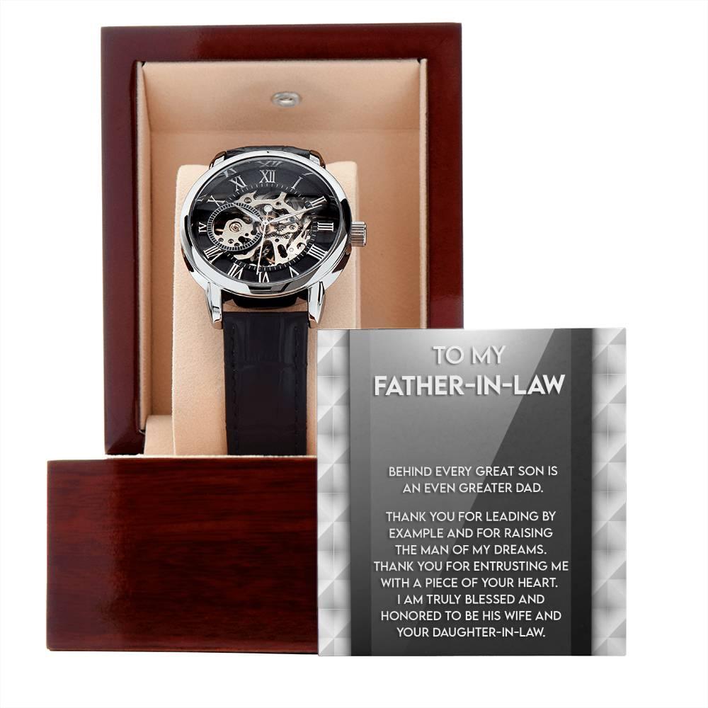 To My Father-in-Law Behind every Great Son is an Even Greater Dad Men's Openwork Watch with Gift Box - Mallard Moon Gift Shop