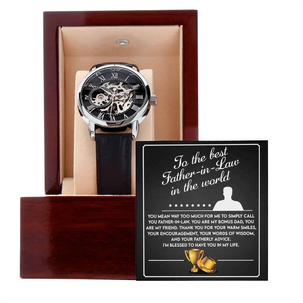 To the Best Father-In-Law My Bonus Dad, My Best Friend Men's Openwork Watch with Gift Box - Mallard Moon Gift Shop