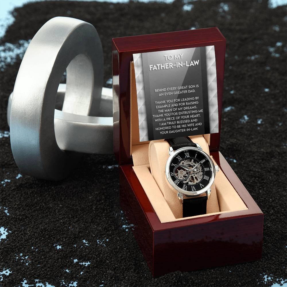 To My Father-in-Law Behind every Great Son is an Even Greater Dad Men's Openwork Watch with Gift Box - Mallard Moon Gift Shop