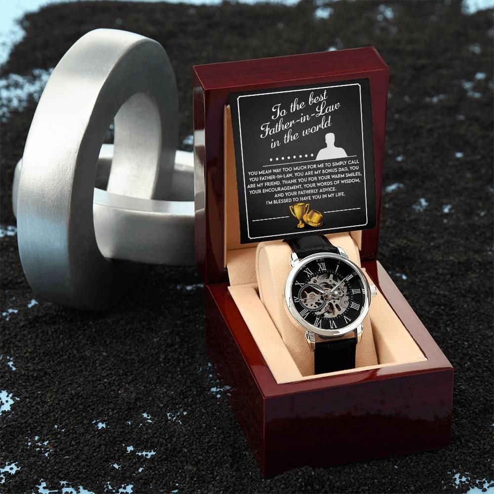 To the Best Father-In-Law My Bonus Dad, My Best Friend Men's Openwork Watch with Gift Box - Mallard Moon Gift Shop