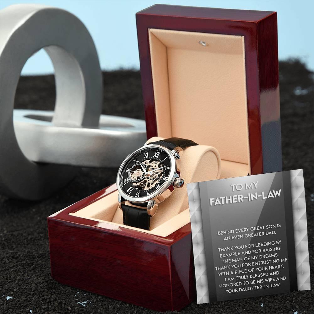 To My Father-in-Law Behind every Great Son is an Even Greater Dad Men's Openwork Watch with Gift Box - Mallard Moon Gift Shop