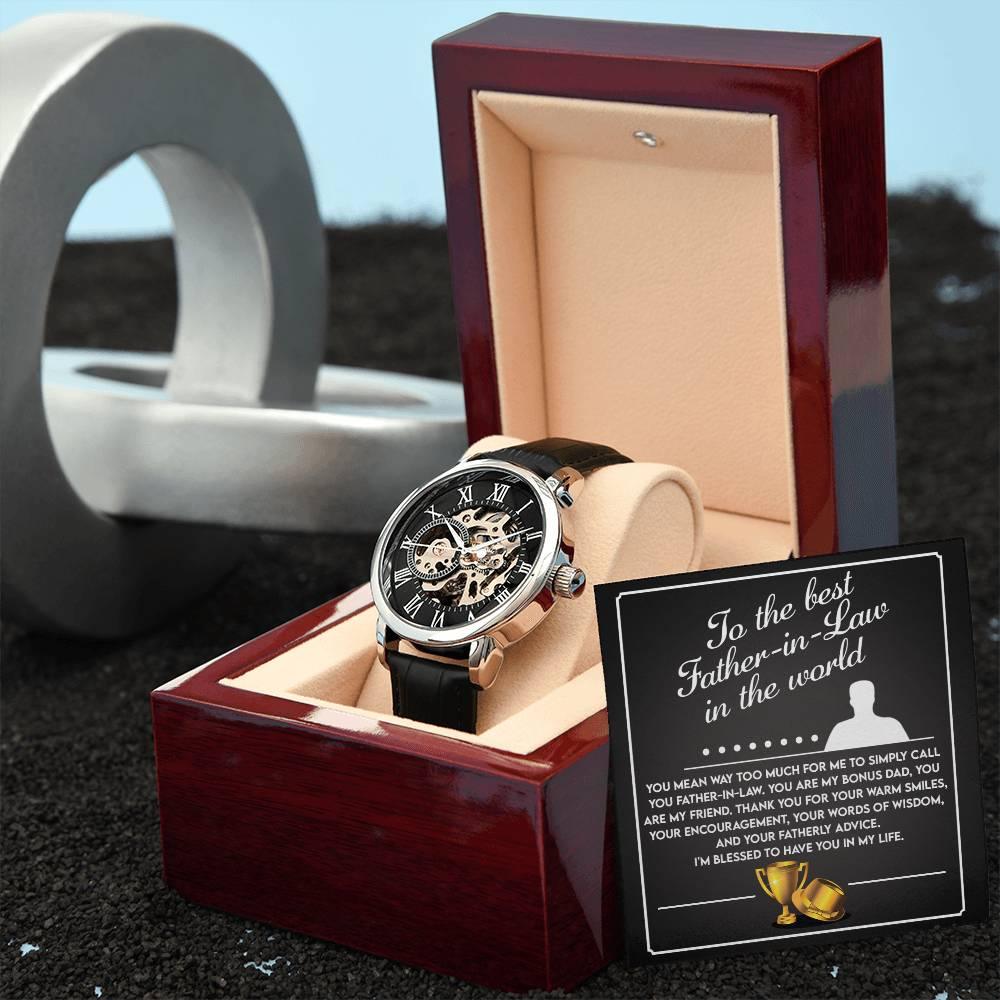 To the Best Father-In-Law My Bonus Dad, My Best Friend Men's Openwork Watch with Gift Box - Mallard Moon Gift Shop