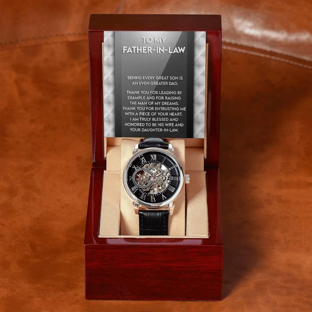 To My Father-in-Law Behind every Great Son is an Even Greater Dad Men's Openwork Watch with Gift Box - Mallard Moon Gift Shop