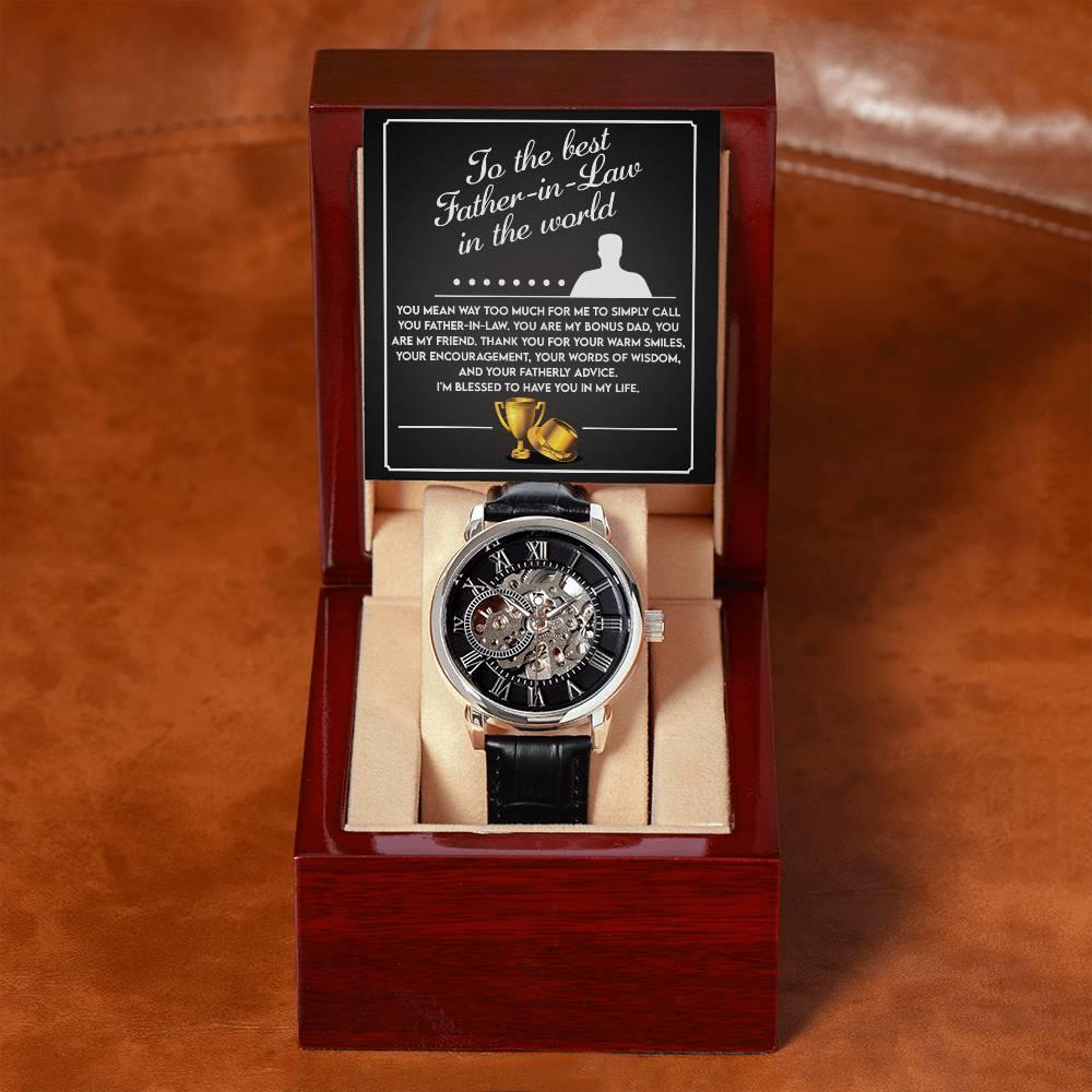 To the Best Father-In-Law My Bonus Dad, My Best Friend Men's Openwork Watch with Gift Box - Mallard Moon Gift Shop