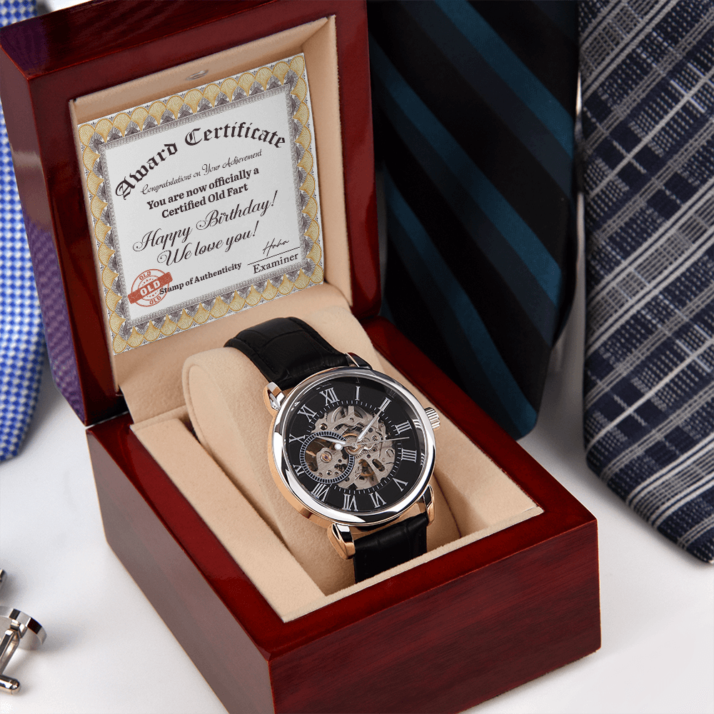 Certified Old Fart Birthday Watch – Men's Openwork Watch with Leather Band | Gag Gift for Dad, Grandpa, Husband or Friend - Mallard Moon Gift Shop