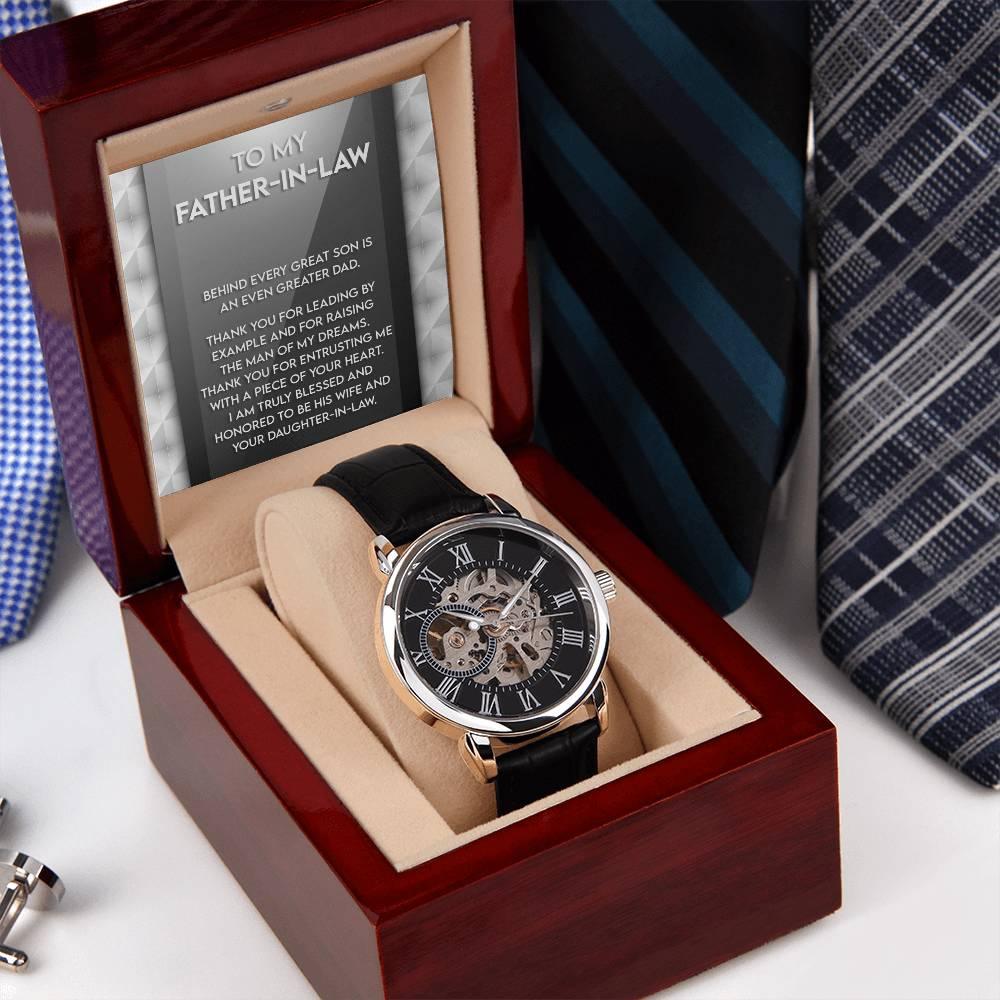 To My Father-in-Law Behind every Great Son is an Even Greater Dad Men's Openwork Watch with Gift Box - Mallard Moon Gift Shop